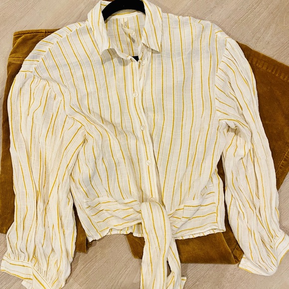 Tailor Striped Button Down Blouse with Tie Waist - Picture 2 of 4